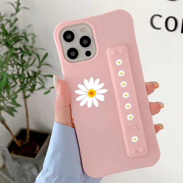 

Flower Painted Phone Case With Wristband, Pink