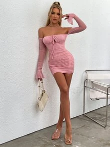 PARTHEA Off Shoulder Tie Front Ruched Bust Bell Sleeve Bodycon Dress - Dusty Pink - View 3
