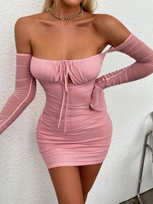 PARTHEA Off Shoulder Tie Front Ruched Bust Bell Sleeve Bodycon Dress - Dusty Pink - View 6