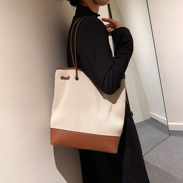 

Two Tone Folded Shoulder Tote Bag, Beige