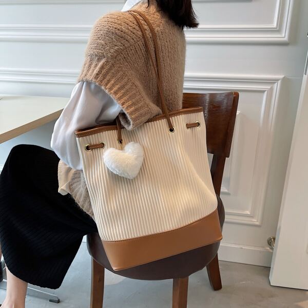 

Two Tone Shoulder Tote Bag With Heart Bag Charm, Beige
