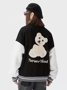 Patch Detail Slogan Embroidery Drop Shoulder Varsity Jacket