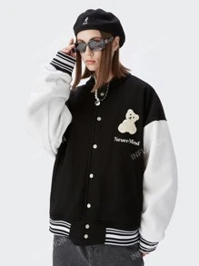 Patch Detail Slogan Embroidery Drop Shoulder Varsity Jacket