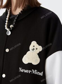 Patch Detail Slogan Embroidery Drop Shoulder Varsity Jacket