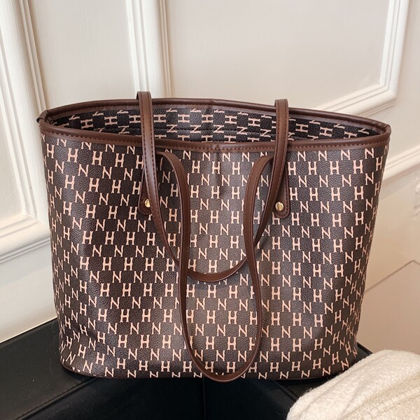 

Letter Graphic Studded Decor Shoulder Tote Bag, Coffee brown