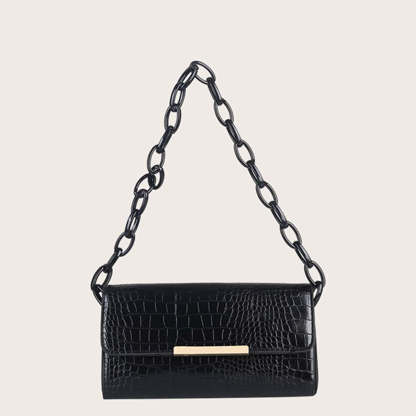 

Girls Croc Embossed Metal Decor Chain Shoulder Bag, Black