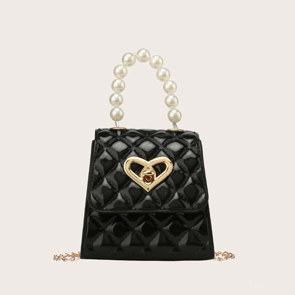 

Girls Faux Pearl & Metal Decor Satchel Bag, Black
