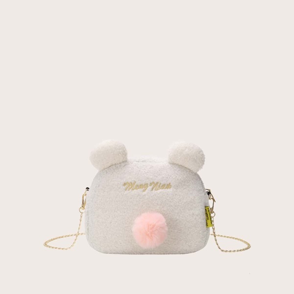 

Girls Pom-Pom Decor Letter Embroidered Fluffy Crossbody Bag, White