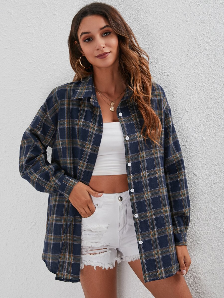 SHEIN Essnce Áo sơ mi nữ Nút phía trước Sọc ca rô Sẵn sàng - Màu xanh hải quân - Xem 1