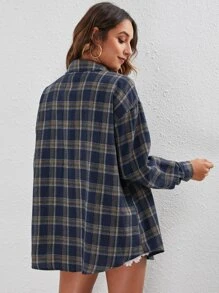 SHEIN Essnce Áo sơ mi nữ Nút phía trước Sọc ca rô Sẵn sàng - Màu xanh hải quân - Xem 2