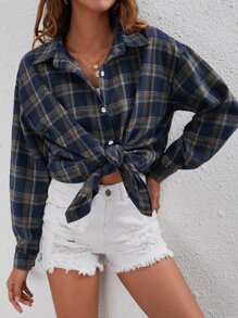 SHEIN Essnce Áo sơ mi nữ Nút phía trước Sọc ca rô Sẵn sàng - Màu xanh hải quân - Xem 4