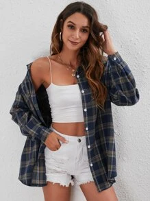 SHEIN Essnce Áo sơ mi nữ Nút phía trước Sọc ca rô Sẵn sàng - Màu xanh hải quân - Xem 5