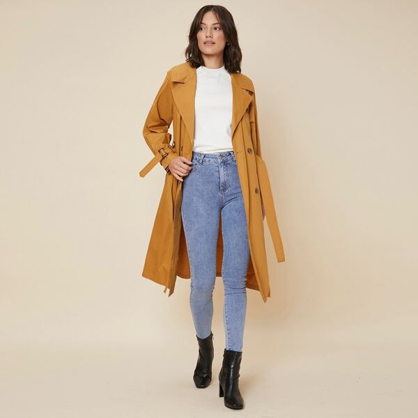 

100% COTTON BELTED TRENCH COAT, Mustard yellow