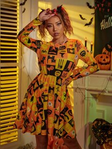 Halloween Print A-line Dress - Multicolor - View 1