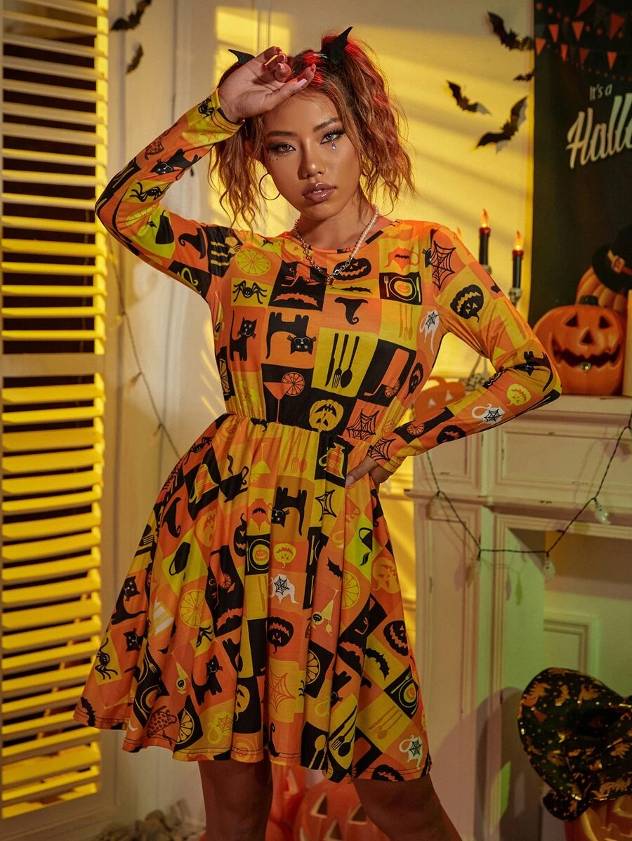 Halloween Print A-line Dress - Multicolor - View 1