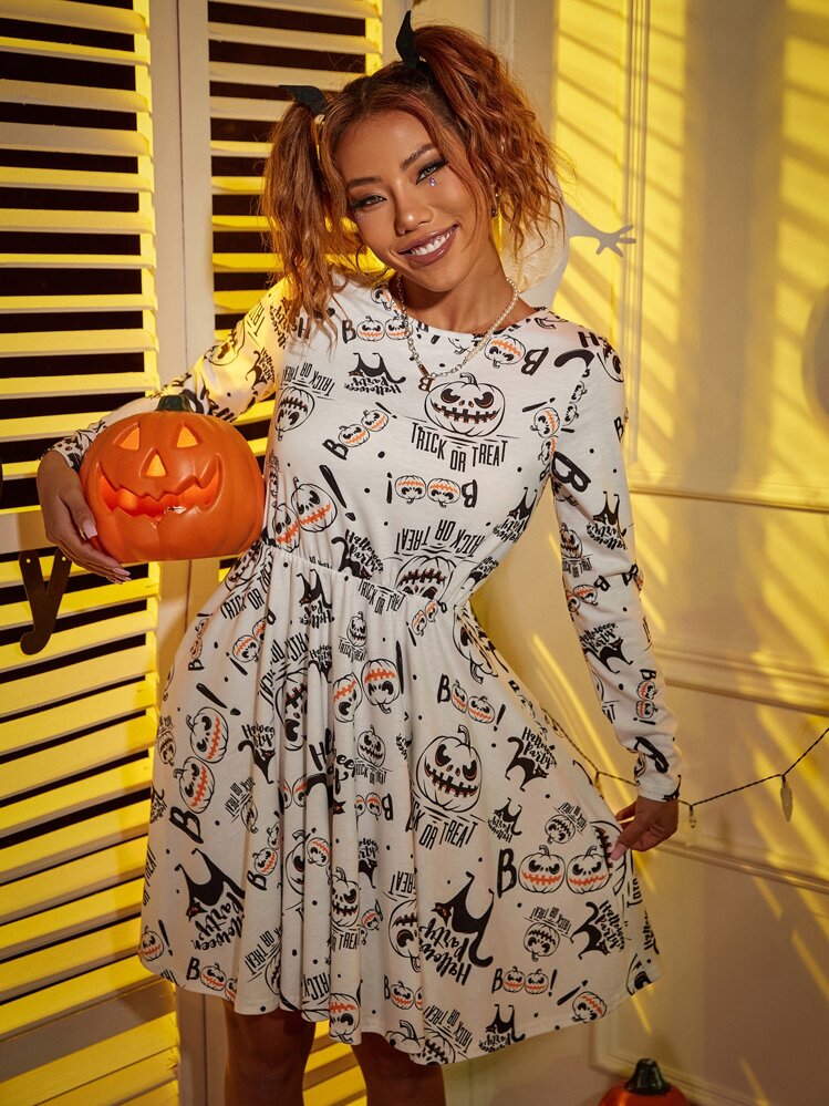 萬聖印花A字連衣裙 - 白色 - 查看 1