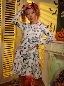 Halloween Print A-line Dress - White - View 5