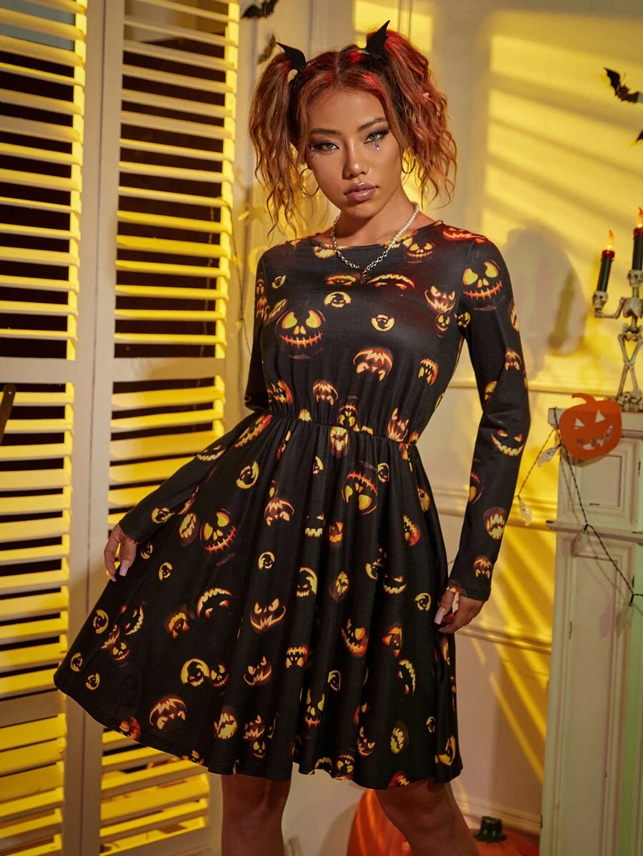 Halloween Print A-line Dress - Black - View 1