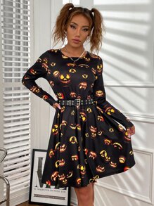 Halloween Print A-line Dress - Black - View 3