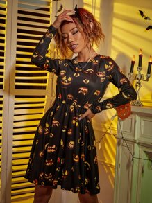 Halloween Print A-line Dress - Black - View 6