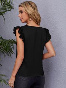 SHEIN Clasi V領荷葉袖襯衫 - 黑色 - 查看 2