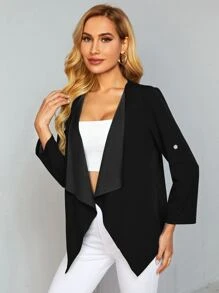 SHEIN LUNE Waterfall Collar Rolled Tab Sleeve Coat - Black - View 4