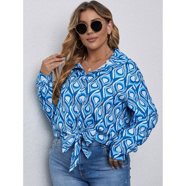 

Plus All Over Print Knot Hem Blouse, Blue and white