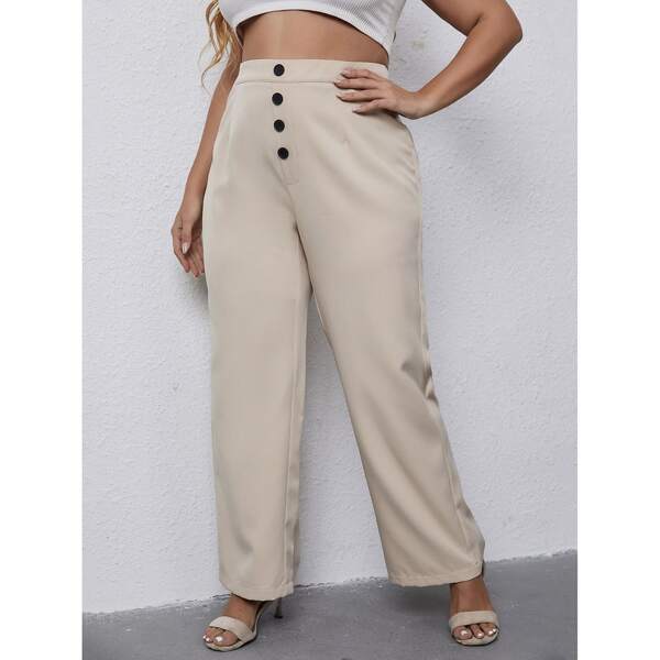 

Plus Button Detail Straight Leg Pants, Apricot