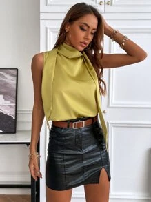 SHEIN BIZwear Camisa sin manga de cuello desbocado cinta ropa de trabajo - Amarillo - Ver 3
