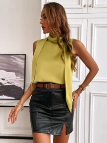 SHEIN BIZwear Camisa sin manga de cuello desbocado cinta ropa de trabajo - Amarillo - Ver 4