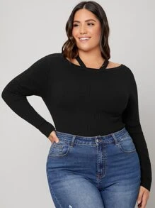 SHEIN Áo len Plus Size Cắt ra Gân đan màu trơn Giải trí - màu đen - Xem 1