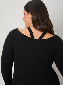 SHEIN Áo len Plus Size Cắt ra Gân đan màu trơn Giải trí - màu đen - Xem 2