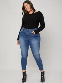 SHEIN Áo len Plus Size Cắt ra Gân đan màu trơn Giải trí - màu đen - Xem 3