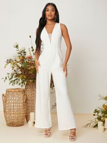 SHEIN Jumpsuit de pierna ancha panel con malla sin manga - Blanco - Ver 1