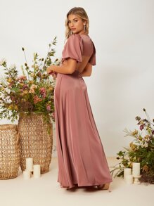 SHEIN Belle Cut Out Back Puff Sleeve Satin Prom Dress - Redwood - View 1
