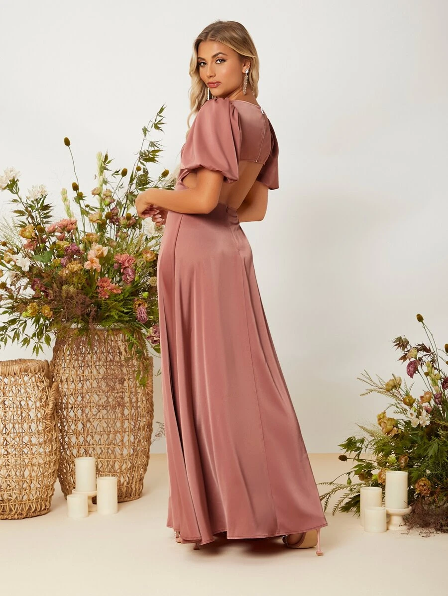SHEIN Belle Cut Out Back Puff Sleeve Satin Prom Dress - Redwood - View 1