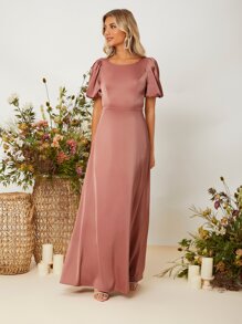 SHEIN Belle Cut Out Back Puff Sleeve Satin Prom Dress - Redwood - View 3