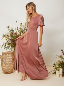 SHEIN Belle Cut Out Back Puff Sleeve Satin Prom Dress - Redwood - View 5