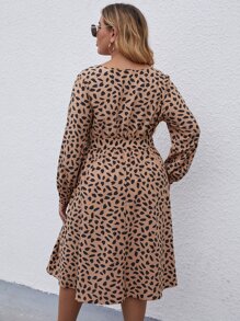 SHEIN LUNE Plus Allover Print Belted Button Front Dress - Brown - View 2