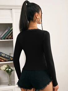 SHEIN Privé Camiseta ribete con encaje de cuello scoop - Negro - Ver 2