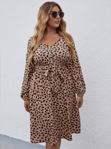SHEIN LUNE Plus Allover Print Belted Button Front Dress - Brown - View 5