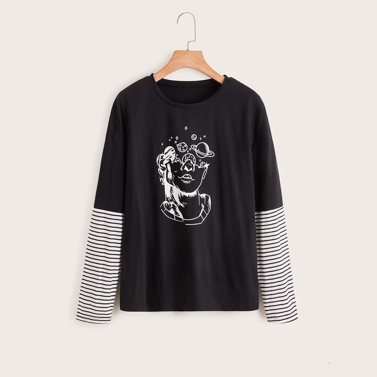 

Graphic Print Striped Tee, Black