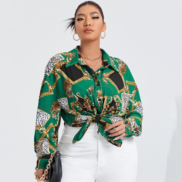 

Plus Leopard & Baroque Print Drop Shoulder Blouse, Green