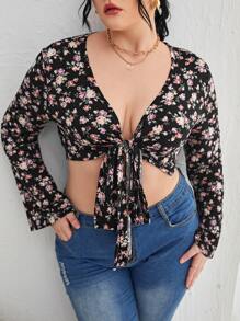 SHEIN VCAY 大碼碎花前打結短款上衣 - 彩色 - 查看 1