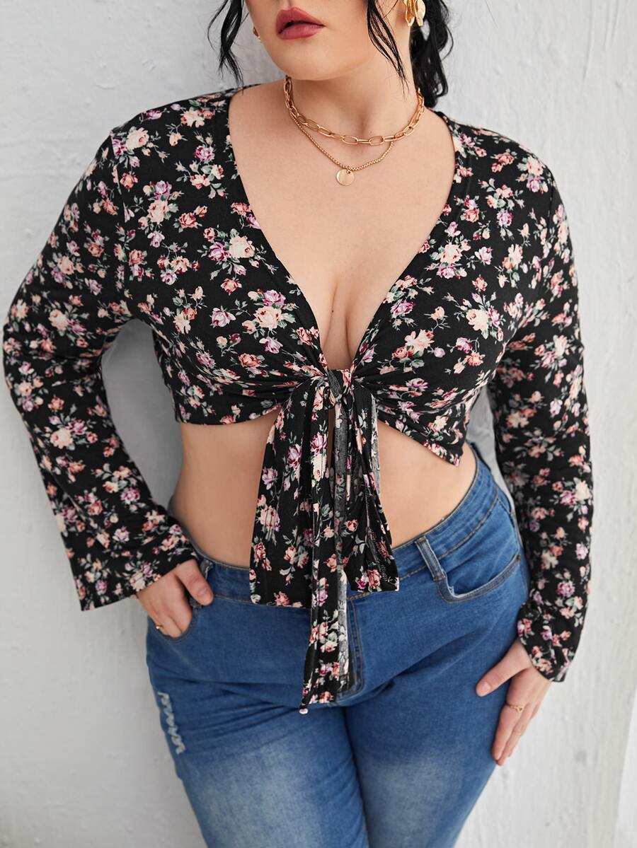 SHEIN VCAY 大碼碎花前打結短款上衣 - 彩色 - 查看 1