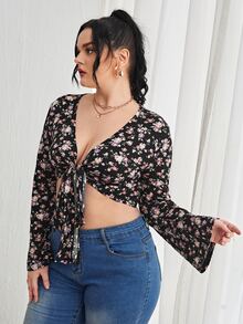 SHEIN VCAY 大碼碎花前打結短款上衣 - 彩色 - 查看 3