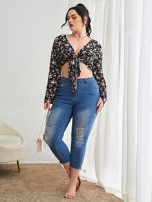 SHEIN VCAY 大碼碎花前打結短款上衣 - 彩色 - 查看 4