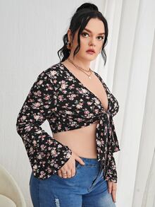 SHEIN VCAY 大碼碎花前打結短款上衣 - 彩色 - 查看 5