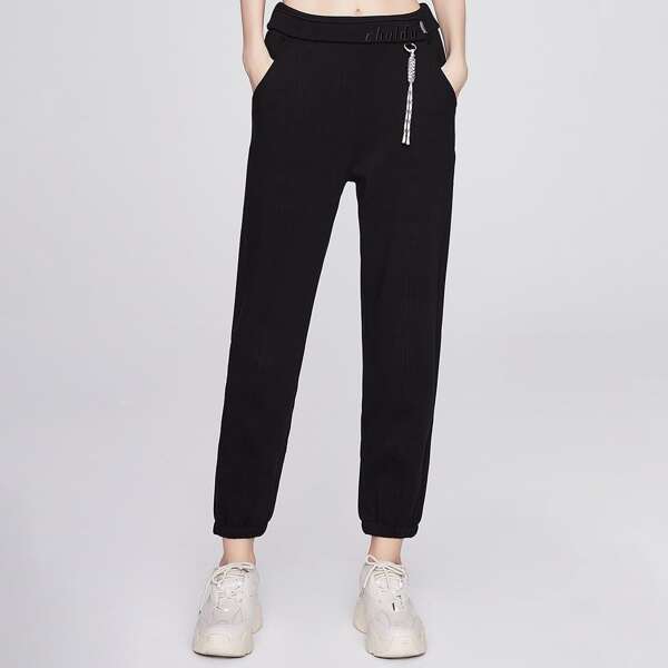 

Letter Embroidery Chain Detail Sweatpants, Black
