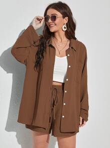 SHEIN EZwear Plus Textured Drop Shoulder Blouse & Shorts - Brown - View 1